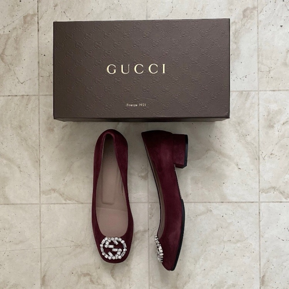 Gucci Interlocking G Burgundy Suede Crystal Embellished Block Heels Pumps Size 9